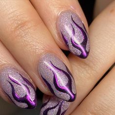 Purple Flame Nail Art, Purple Flames Nails, Glitter Flame Nails, Purple Flame Nails, Chrome Flame Nails, Red And Purple Nails, Crazy Nail Art Designs, Flames Nail Art, Purple Nail Art Ideas