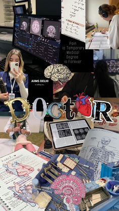 a collage of photos with people working on computers and other things in the background