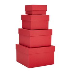 three red boxes stacked on top of each other in the shape of a pyramid, with one box open and another closed