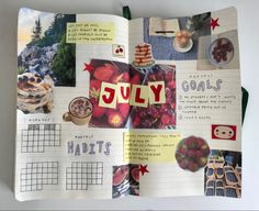 an open page in a scrapbook with pictures and words written on it that read july