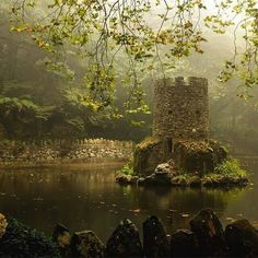 an old stone tower sitting in the middle of a lake surrounded by rocks and trees