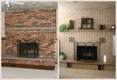 two pictures of a brick fireplace with white paint