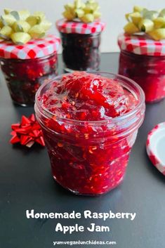 homemade raspberry apple jam in small glass jars