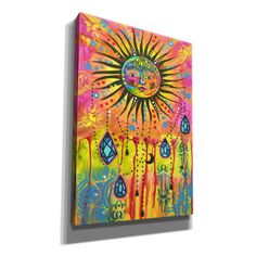 a colorful painting on the wall with an abstract sun and drops of paint in it