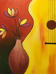 a painting of a vase with flowers and a guitar