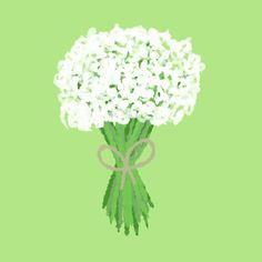 a bouquet of white flowers with a bow on a green background is featured in this image