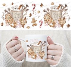 a woman holding a coffee mug with christmas decorations and candy canes on the side