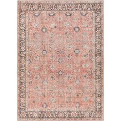 an antique style rug in pink and grey tones with medallions on the border,