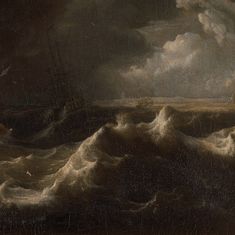 a painting of a ship in rough seas