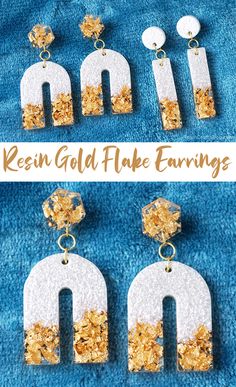 two pictures of gold and white earrings with the words resinin gold flake earrings