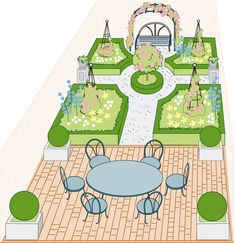 an outdoor garden with tables and chairs