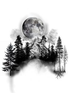 an image of a mountain with trees and the moon