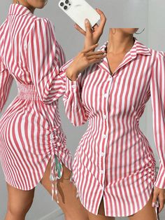 Striped Side Drawstring Shirt Dress For New Year Clothes Red Casual  Long Sleeve Woven Fabric Striped Shirt Non-Stretch  Women Clothing, size features are:Bust: ,Length: ,Sleeve Length: Drawstring Shirt, Nouvel An, Mini Dresses, Dress Red, Striped Shirt, All Fashion, Women Clothing, Woven Fabric, Red Dress