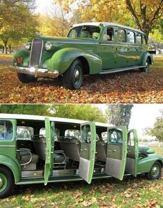 an old green car is parked in the leaves