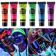 four different colors of face paint are shown in this collage with the same image