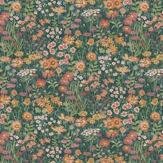 a green floral wallpaper with lots of flowers and leaves on the side, all in different colors