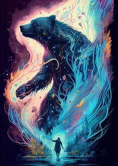 a bear that is standing in the water with trees and fire coming out of it