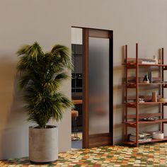 a potted plant sitting on top of a tiled floor next to a book shelf