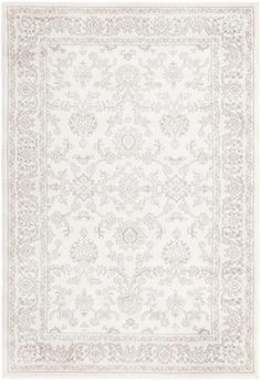 a white rug with an intricate design on the top and bottom, in grey tones