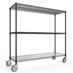 a metal shelf with two shelves and wheels on the bottom one is black, while the other is white