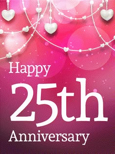 happy 25th anniversary card with hearts on pink and purple background, text reads happy 25th anniversary