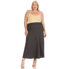 Product Description: Plus size, Solid, high waisted, A-line, midi skirt with elastic waist. Suitable for stay at home, office, party, homecoming, dancing, wedding, evening and other occasions anytime you want to feel your best! Approx Length: 39 in from waist to hem. Waist: 31 in Model is wearing a size XL Size Chart(Inches) / MSK01607 1XL => Length: 39 / Waist: 30-32 2XL => Length: 39.5 / Waist: 32-34 3XL => Length: 40 / Waist: 34-36 Color: Gray.  Gender: female.  Age Group: adult. Dancing Wedding, Moa Collection, Skirt With Elastic Waistband, High Waisted Flares, Office Party, Work Wear Women, Charcoal Color, Plus Size Casual, Black Skirt