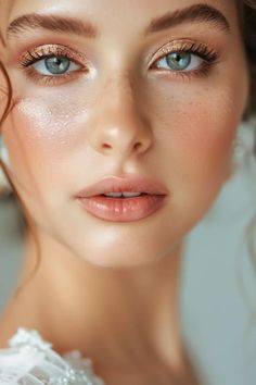 a woman with blue eyes and gold makeup looks into the camera while wearing a white dress