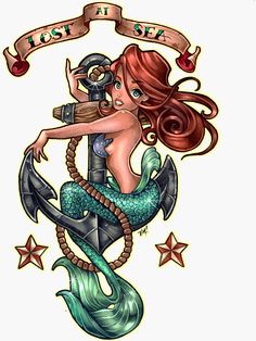 a drawing of a mermaid sitting on top of an anchor with the words lost at sea