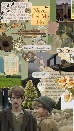 a collage of pictures with people and flowers on them, including the words never let me go