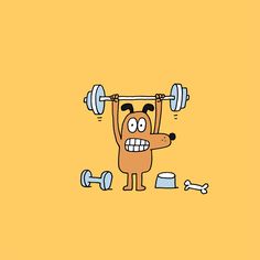 a cartoon dog is holding up a barbell above his head and looking at the ground