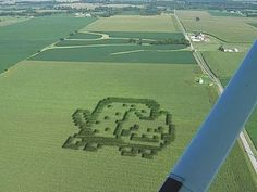 an aerial view of a green field with the shape of a heart drawn on it