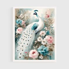 a painting of a white peacock with blue and pink flowers on it's back