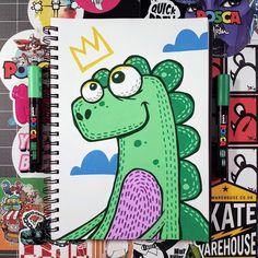 a drawing of a green dragon with a crown on it's head, surrounded by stickers