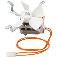 a white fan with an orange cord attached to it and two blades on the side