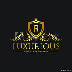 luxury logo design with golden shield and crown on black background for business, company or brand