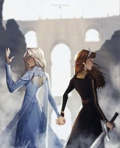 two women standing next to each other holding swords