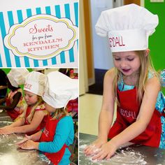 two girls in aprons and hats making dough