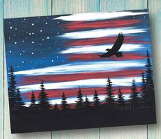 a painting of an eagle flying in the night sky with trees and stars painted on it