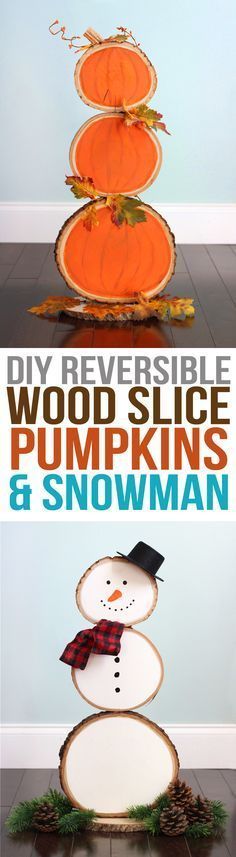 diy reversible wood slice pumpkins and snowman decorations