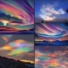 four different pictures of colorful clouds in the sky