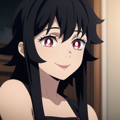 a woman with long black hair and red eyes looks at the camera while wearing a tank top