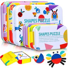 the shapes puzzle box is filled with colorful puzzles and matching pieces to make it look like an animal