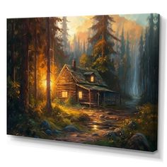 a painting of a cabin in the woods