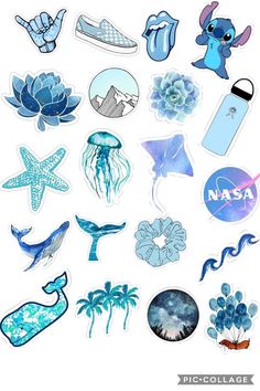 various stickers are shown in blue and white, including an image of the ocean