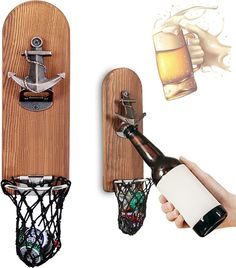 a bottle opener is attached to a wooden wall mounted rack with a beer in it