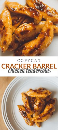 the chicken wings are covered in sauce and served on a white plate with text that reads copycat cracker barrel chicken entrees