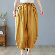 clearance Store,under $10 Clothes StoreClick Here Usmixi Elastic Waist Pants for Women Casual Solid Drawstring Loose Baggy Straight Trousers Soft Cotton Linen Pocket Long Pants Yellow l  Features: Usmixi Elastic Waist Pants for Women Casual Solid Drawstring Loose Baggy Straight Trousers Soft Cotton Linen Pocket Long Pants,Fashion,casual style,soft and stretchy, flowy , comfortable to wear. Simple design make it fashion forever.  Comfy Material:This trendy pants is made of 65% Rayon,30% cotton pl Cotton Linen Pants Women, Pants For Women Casual, Long Pants Fashion, Summer Linen Pants, Linen Capri Pants, Pajamas Pants, Linen Drawstring Pants, Trendy Pants, Womens Capri Pants