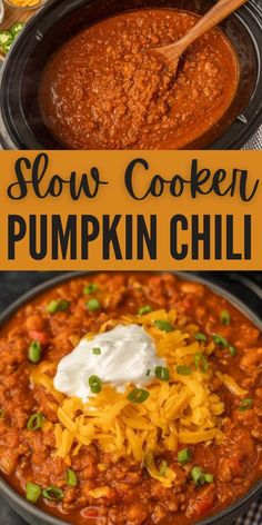 slow cooker pumpkin chili with cheese and sour cream on top in a skillet