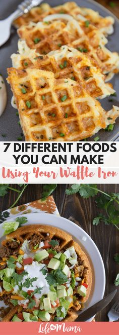 waffles with different toppings and the words 7 different foods you can make using your waffle iron