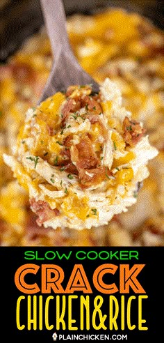 slow cooker crock chicken and rice recipe on a spoon with text overlay